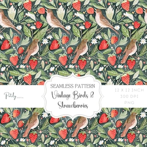 Può includere: Uno schema senza cuciture con uccelli vintage e fragole. Gli uccelli sono marroni con il ventre bianco e sono appollaiati su foglie verdi. Le fragole sono rosse e hanno foglie verdi. Lo sfondo è verde scuro.