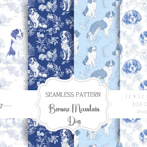 Toile de Jouy Digital Paper - Seamless Pattern, Dogs, Bernese mountain dogs, Clipart for Paper, Fabrics and more - Instant Download