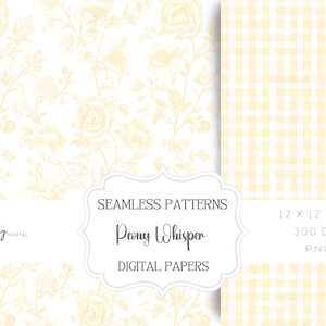 Può includere: Carte digitali con motivi floreali e a quadri vichy nei toni del giallo e del bianco. Il motivo floreale presenta rose e fogliame. Il motivo a quadri vichy è un classico design a scacchi. Il testo recita "Peony Whisper Digital Papers".