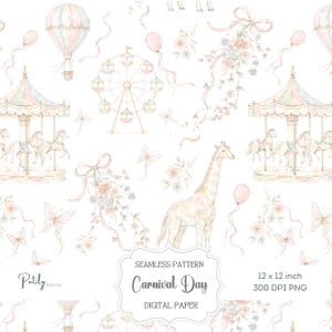 Puede incluir: Patrón sin costuras de acuarela con elementos de carnaval: tiovivo, noria, globo aerostático y jirafa. Colores pastel suaves con acentos florales y de cinta. El texto "Carnival Day" es visible.