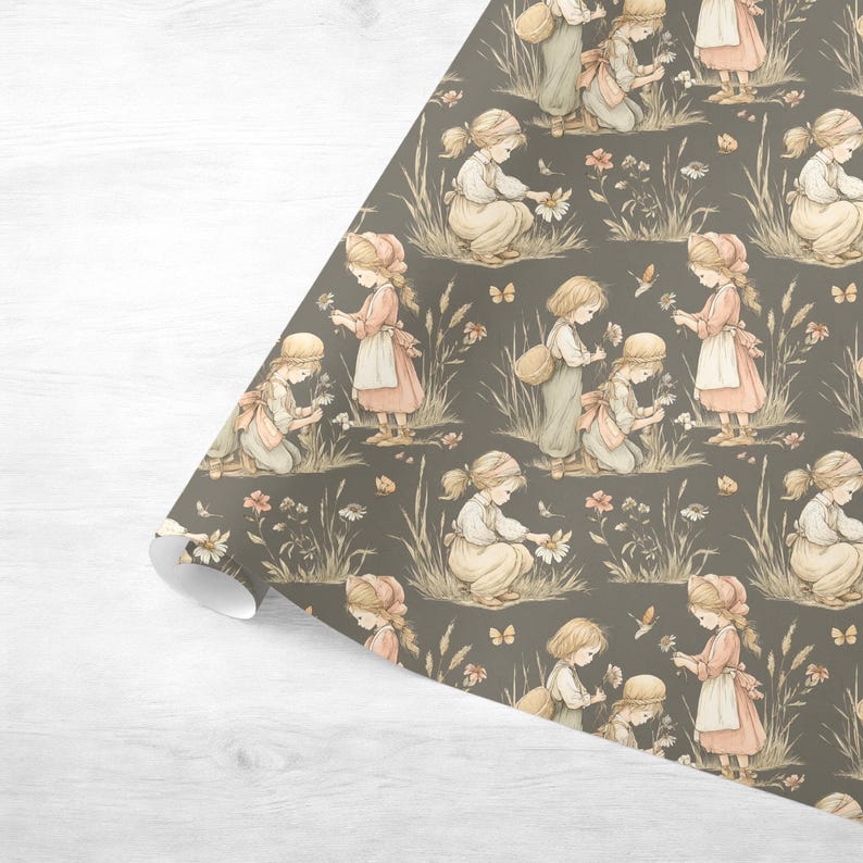 Seamless pattern in a vintage storybook toile style featuring girls picking pretty wildflowers. Soft ink and watercolor illustration in muted tones of sandy beige, pale blue, and warm grey.