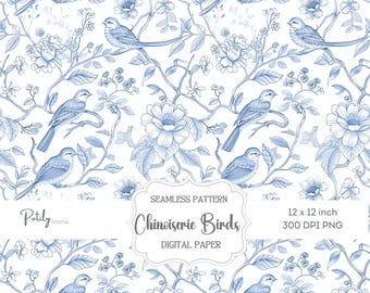 Chinoiserie Birds Toile, Seamless Nursery Background, Digital Download, clipart for papers, fabrics, POD, and more Instant Download, png