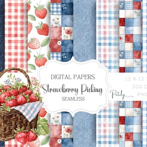 Könnte beinhalten: Digitale Papiere mit Erdbeerpflück-Thema. Das Bild zeigt einen Korb mit Erdbeeren, Vichy-Muster, Denim-Texturen und floralen Akzenten. Der Text enthält "DIGITAL PAPERS", "Strawberry Picking" und "SEAMLESS". Die Papiere sind 30.48 x 30.48 cm und 300 DPI.