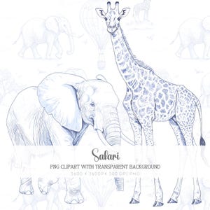 May include: A detailed blue and white illustration featuring a giraffe and an elephant. The word "Safari" is written in a script font. Additional sketches of elephants, giraffes, and a hot air balloon are in the background.