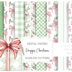 May include: Digital papers with a preppy Christmas theme. The patterns include green gingham, gift boxes with red bows, candy canes, and holly. The image also features a large gift box with a red and white striped bow.