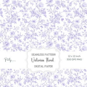 Può includere: Un motivo di carta digitale senza cuciture con un design floreale vittoriano in lavanda e bianco. Il design include illustrazioni dettagliate di fiori e fogliame. Il testo "Victorian Floral" e "Digital Paper" sono inclusi.