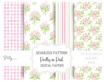 May include: Digital paper set featuring pink and green patterns. Designs include gingham, striped, and floral bouquets with bows. The text reads "Pretty in Pink Digital Papers" and "12 x 12 inch 300 DPI PNG".