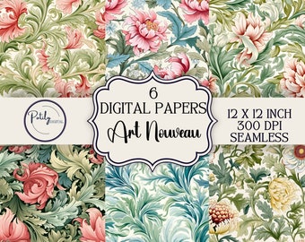 May include: Six digital papers featuring a seamless Art Nouveau floral pattern in shades of pink, green, and blue. Each paper is 12 x 12 inches and 300 DPI.
