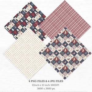 Seamless Christmas patchwork digital paper set with rustic plaids, holiday trees, snowflakes, and birds in a red, navy, and cream color palette. 12x12 inch 300dpi digital scrapbook papers for festive crafts, invitations, and printables.