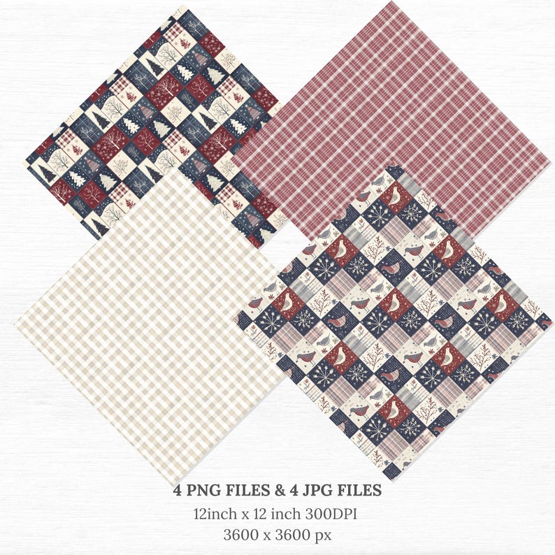 Seamless Christmas patchwork digital paper set with rustic plaids, holiday trees, snowflakes, and birds in a red, navy, and cream color palette. 12x12 inch 300dpi digital scrapbook papers for festive crafts, invitations, and printables.