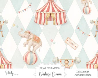Vintage Circus Seamless Pattern, Nursery Digital Paper, Pastel Circus Animals Pattern for Fabric, Wallpaper, Scrapbooking