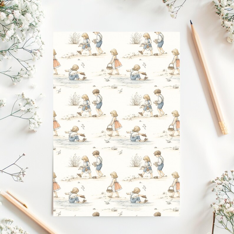 Seamless pattern in a vintage storybook toile style featuring children playing at the beach, paddling in shallow waves. Soft ink and watercolor illustration in muted tones of sandy beige, pale blue, and warm grey.