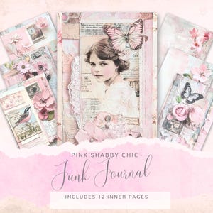 Junk Journal, carta digitale rosa Shabby Chic Vittoriana, 12 pagine di diario, carta effimera stampabile, collage, download immediato