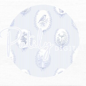 Le Jardin Secret French toile digital paper collection in soft blue and white, featuring elegant floral and bird patterns, ornate damask motifs, hydrangeas, vintage cameos, and a romantic French love seat surrounded by flowers. A delicate watercolor grandmillennial-style paper set perfect for scrapbooking, junk journaling, invitations, and shabby chic craft projects.