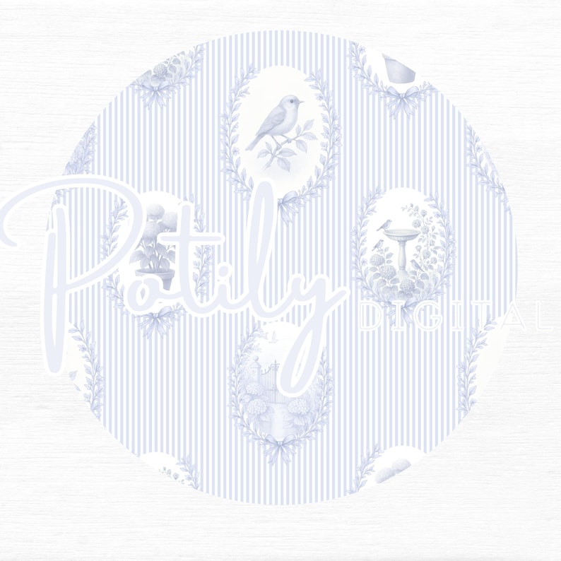 Le Jardin Secret French toile digital paper collection in soft blue and white, featuring elegant floral and bird patterns, ornate damask motifs, hydrangeas, vintage cameos, and a romantic French love seat surrounded by flowers. A delicate watercolor grandmillennial-style paper set perfect for scrapbooking, junk journaling, invitations, and shabby chic craft projects.