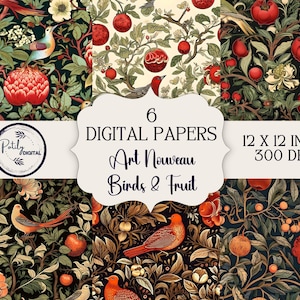 Fundos de pássaros e flores inspirados em William Morris para papéis de diário e scrapbooking, tecidos, POD e muito mais