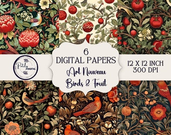 Fondos de pájaros y flores inspirados en William Morris para papeles, telas, POD y más para scrapbooking y revistas basura