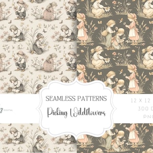 Seamless pattern in a vintage storybook toile style featuring girls picking pretty wildflowers. Soft ink and watercolor illustration in muted tones of sandy beige, pale blue, and warm grey.
