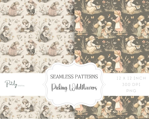 Toile-Inspired Seamless Pattern, Picking Wildflowers, for Children in Vintage Storybook Style, perfect for nursery decor and fabrics