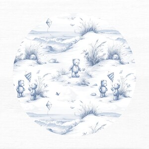Modern toile seamless nursery pattern featuring a whimsical beach scene with teddy bears ideal for baby nursery and summer themed projects