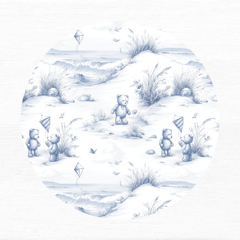 Modern toile seamless nursery pattern featuring a whimsical beach scene with teddy bears ideal for baby nursery and summer themed projects