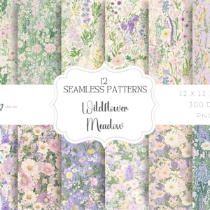 Könnte beinhalten: Eine Sammlung von 12 nahtlosen Mustern mit Aquarell-Wildblumenwiesen-Designs. Die Muster zeigen eine Vielzahl von Blumenarrangements in Rosa-, Lila- und Grüntönen. Jedes Muster ist 30,48 x 30,48 cm groß und hat 300 DPI.