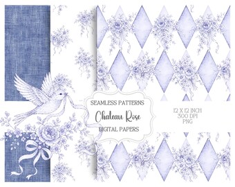 Chateaucore Harlequin Seamless Pattern Pack, Pink Grandmillennial Digital Paper, Floral Backgrounds, Romantic Nursery Papers