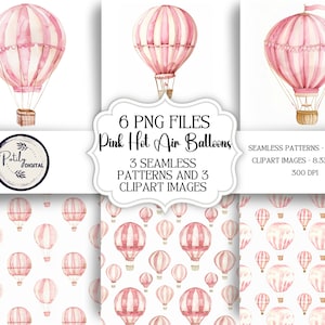 Baby Mädchen Cliparts und Hintergründe, rosa Aquarell Heißluftballons, Kinderzimmer Dekoration, digitale png, Instant Download