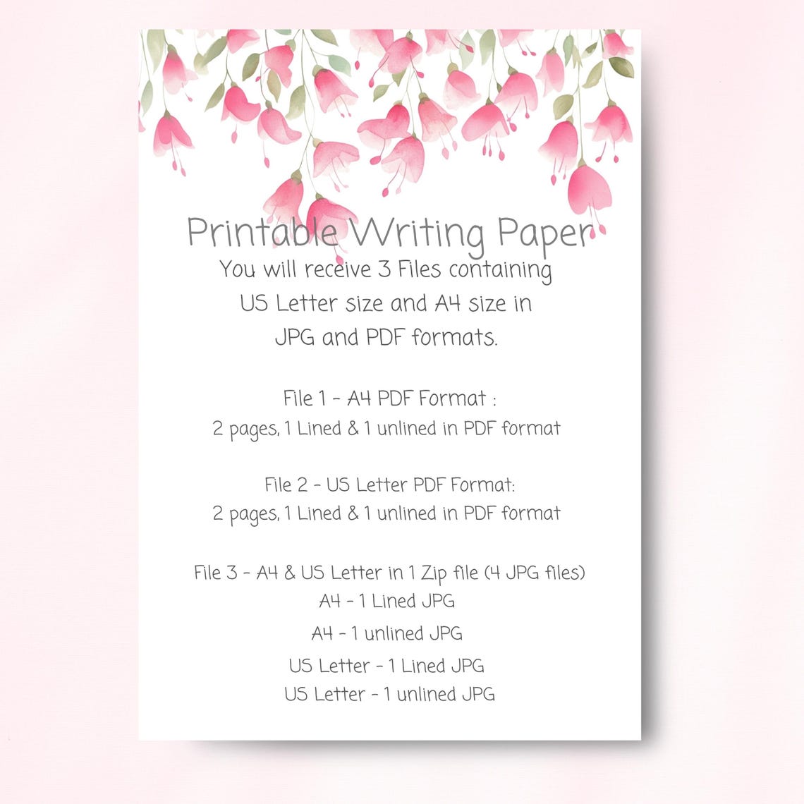 Printable Stationery Letter Writing Paper, Watercolour Florals, Lined ...