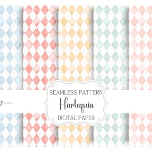 May include: A collection of watercolor harlequin digital papers in various pastel colors, including blue, coral, yellow, and green. The papers feature a diamond pattern. The text on the image reads "Seamless Pattern Harlequin Digital Paper."