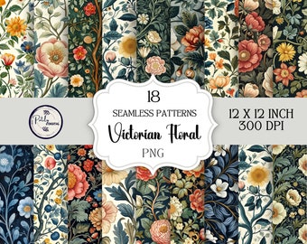 William Morris Inspired seamless patterns, Victorian florals Repeating Design, Instant Digital Download, clipart, png