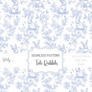 Chinoiserie Toile de Jouy, fondo de guardería sin costuras, conejos, descarga digital instantánea, clipart para papeles, telas, POD y más, png