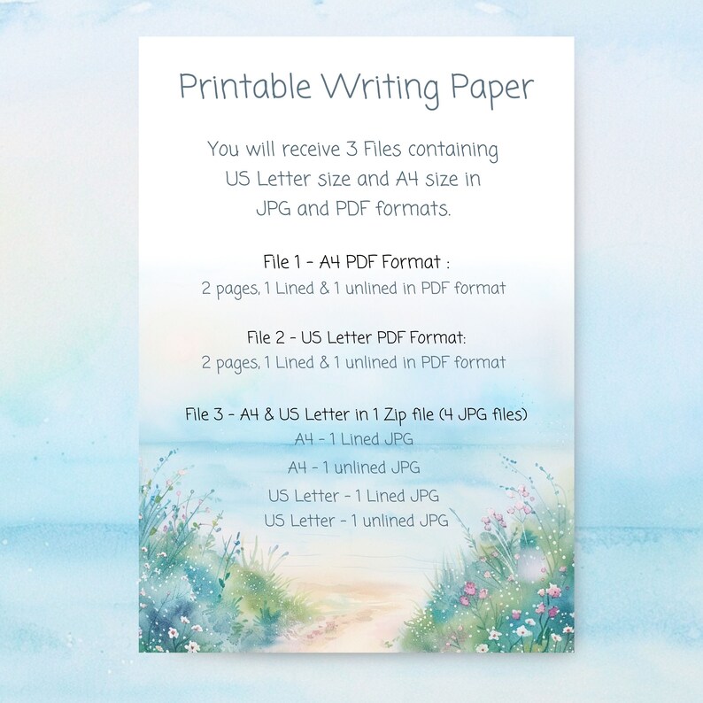 Printable writing journal paper with a beautiful beach and wildflowers background