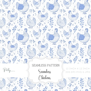 Peut inclure: Un motif sans couture représentant des poulets bleus et blancs et des feuilles sur un fond blanc. Le motif mesure 30,48 cm sur 30,48 cm et est disponible aux formats PNG et JPG 300 DPI.