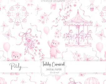 Pink Toile Nursery Seamless Pattern, Teddy Carnival Digital Paper, Carousel Teddy Bear Print, Baby Shower Wallpaper Fabric Design