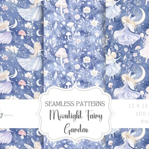 Könnte beinhalten: Ein Set aus drei nahtlosen digitalen Papiermustern mit Aquarell-Illustrationen von Feen, Monden, Sternen und Blumen auf blauem Hintergrund. Der Text "Moonlight Fairy Garden" ist im Bild enthalten.
