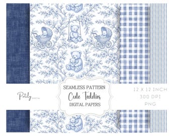 Chinoiserie Teddy Toile de Jouy, Seamless Nursery Pattern for boys, Printable Digital Paper Background
