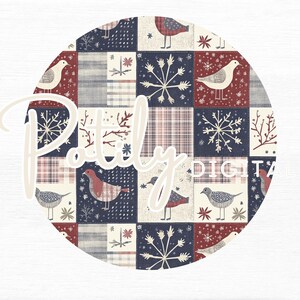 Seamless Christmas patchwork digital paper set with rustic plaids, holiday trees, snowflakes, and birds in a red, navy, and cream color palette. 12x12 inch 300dpi digital scrapbook papers for festive crafts, invitations, and printables.