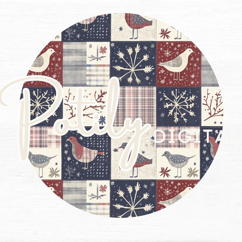 Seamless Christmas patchwork digital paper set with rustic plaids, holiday trees, snowflakes, and birds in a red, navy, and cream color palette. 12x12 inch 300dpi digital scrapbook papers for festive crafts, invitations, and printables.