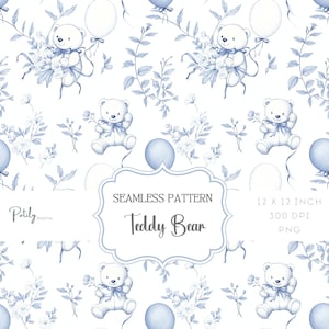 Chinoiserie Toile de Jouy, patrón de osito de peluche sin costuras para guardería, fondo de papel y tela digital