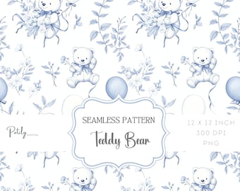 Chinoiserie Toile de Jouy, Seamless Teddy Nursery Pattern, Digital Paper & Fabric Background