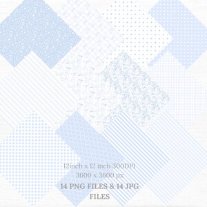 Seamless blue digital paper set featuring toile birds, florals, preppy gingham, polka dots, hearts, bows, stripes, and damask patterns. Pastel pink and white printable backgrounds in a coquette grandmillennial style, perfect for nursery decor, baby shower crafts, scrapbooking, invitations, and party decorations.