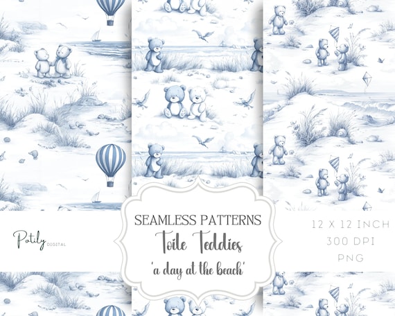 Toile de Jouy seamless nursery pattern, Teddy Bears at the beach, Instant Digital Download, for papers, fabrics, POD and more