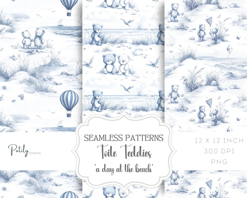 Modern toile seamless nursery pattern featuring a whimsical beach scene with teddy bears ideal for baby nursery and summer themed projects