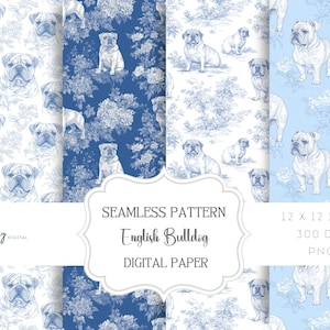 Toile de Jouy Digital Paper - Seamless Pattern, Dogs, English Bulldogs, Clipart for Paper, Fabrics and more - Instant Download