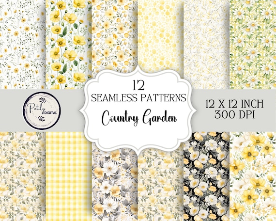 Cottage Garden Yellow Flowers Digital Art - Printable Paper, Scrapbook, 12 Seamless Patterns, PNG Files, Instant Download