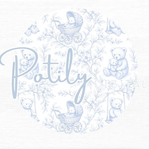 A set of french blue and white seamless digital papers featuring teddy bear toile patterns, gingham checks, pastel stripes, and a soft linen texture background. Perfect for nursery designs, baby showers, scrapbooking, and printable crafts