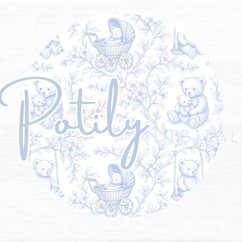 A set of french blue and white seamless digital papers featuring teddy bear toile patterns, gingham checks, pastel stripes, and a soft linen texture background. Perfect for nursery designs, baby showers, scrapbooking, and printable crafts