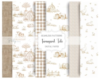 Beige Toile Seamless Pattern Bundle, Farmyard Nursery Digital Paper Pack, Fabric and Wallpaper, Tractor, Goose, Gingham & Stripe