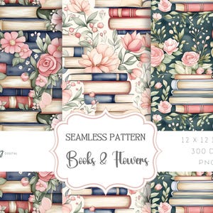 Może przedstawiać: Bezszwowy wzór z stosami książek w odcieniach niebieskiego, czerwonego i kremowego, przeplatanych akwarelowymi kwiatami w kolorze różowym i zielonym. Projekt zawiera tekst "Books & Flowers".